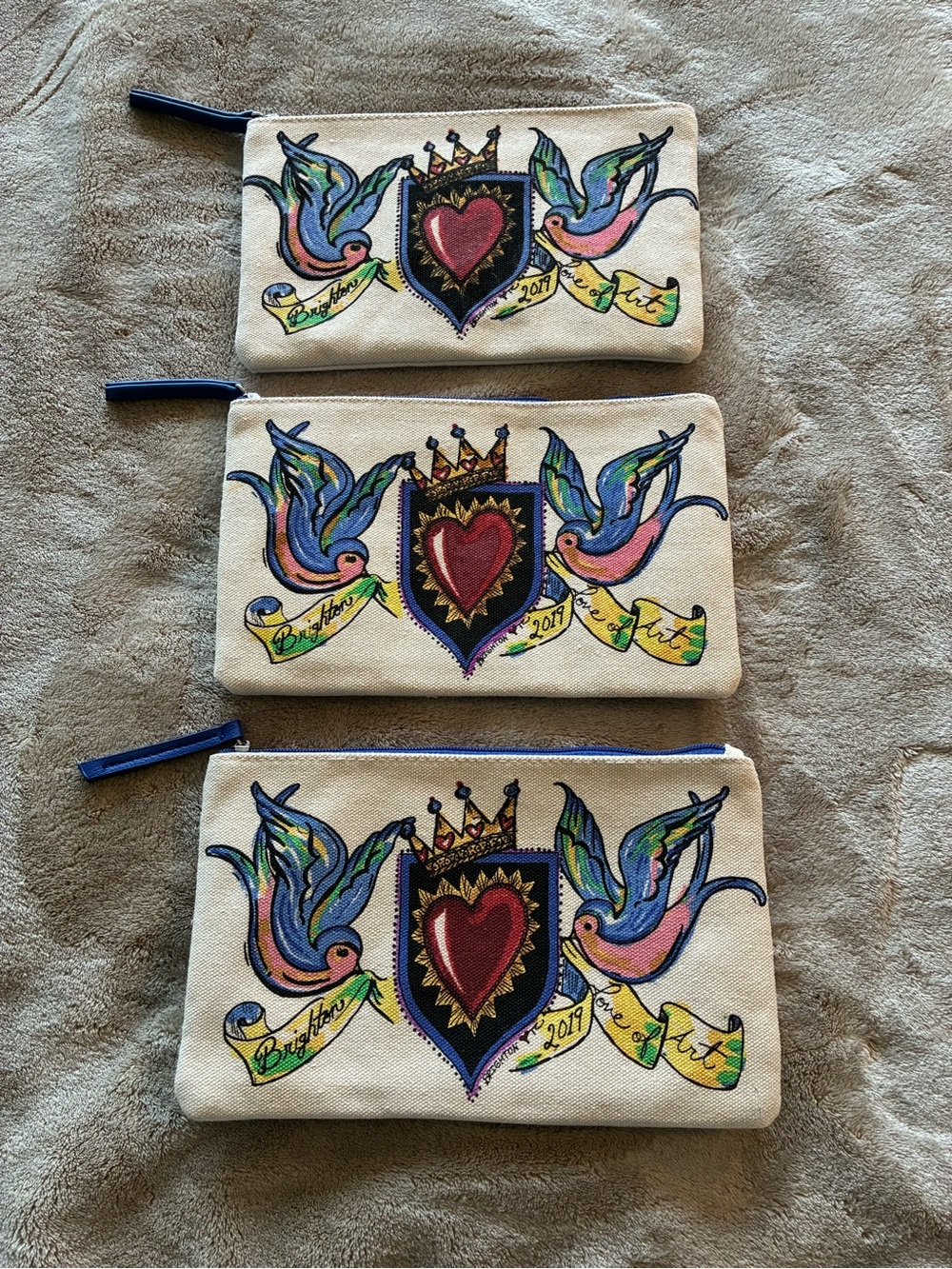 Brighton 2019 Heart Bird Love of Art Zip Pouch Cosmetic Bag Lot of 3